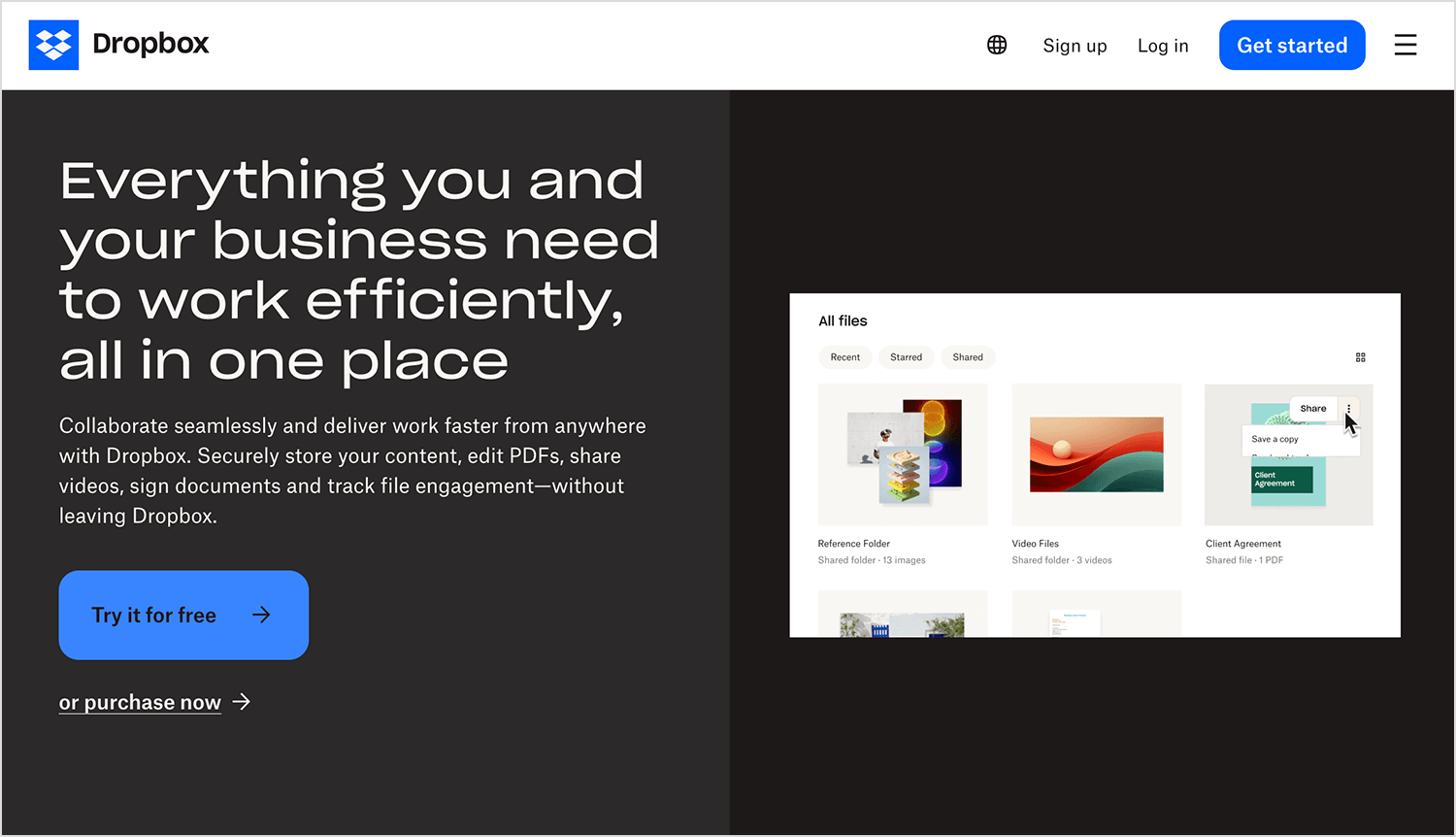 Dropbox hero image with a tagline and a call-to-action button