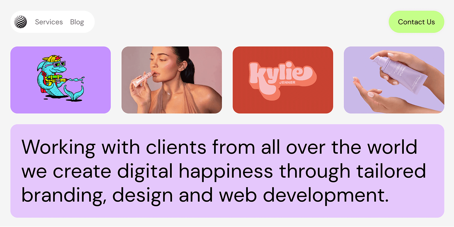 Same Same Studio hero image showing happy clients and creative designs with a 'Contact Us' button