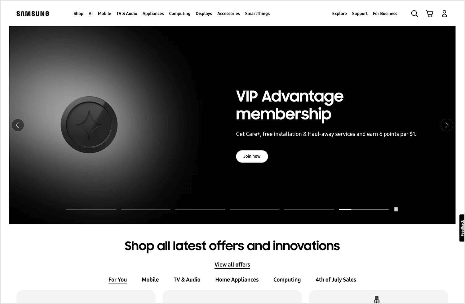 Samsung website hero image promoting VIP Advantage membership with benefits like Care+, free installation, and earning points for every dollar spent.
